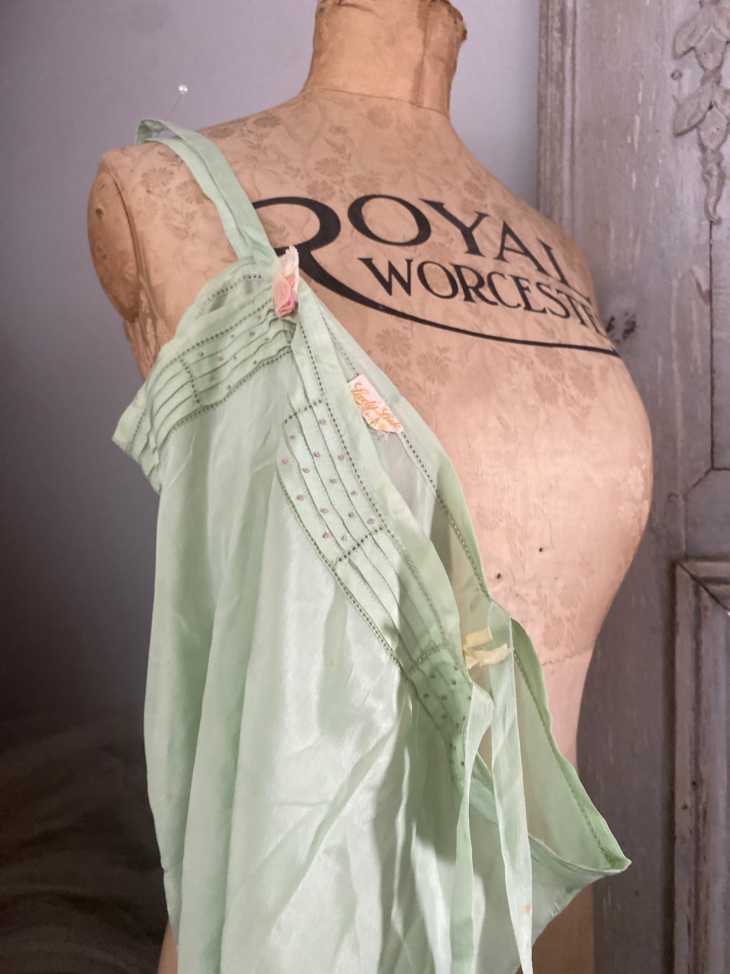 Antique 1920s Green Silk Ribbonwork Teddy