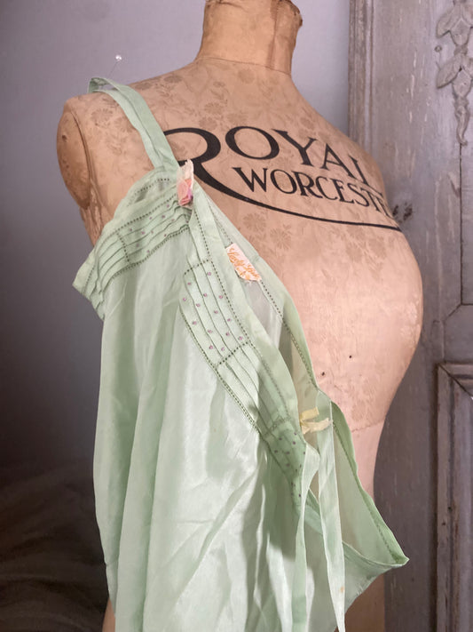 Antique 1920s Green Silk Ribbonwork Teddy