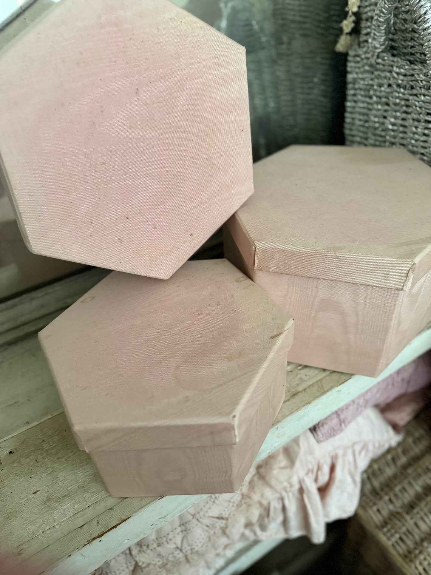 Collection 9 Vintage Pink Moire Fabric Nesting Boxes