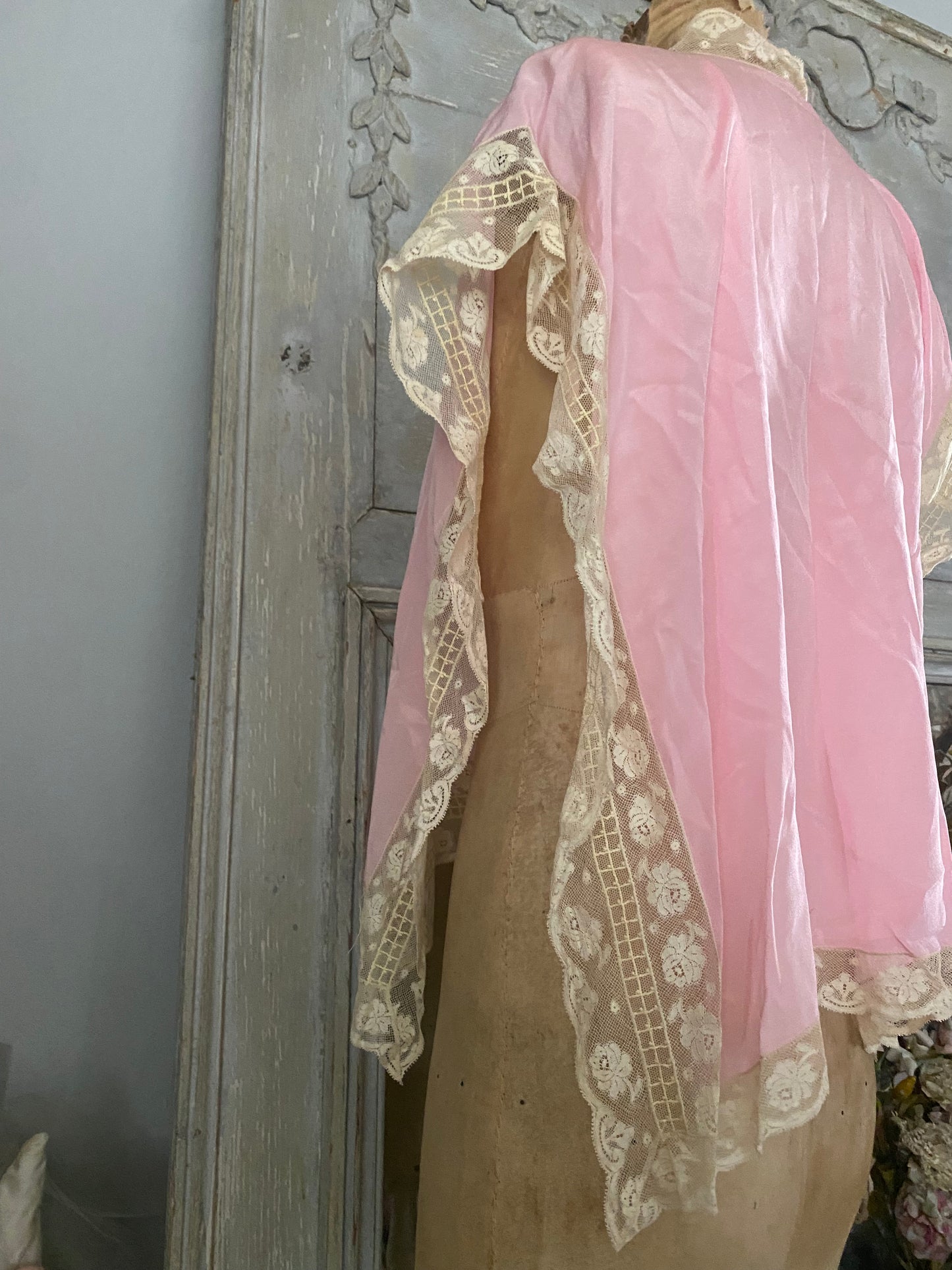 Antique 1920s Pink Silk Ribbonwork Dressing Top