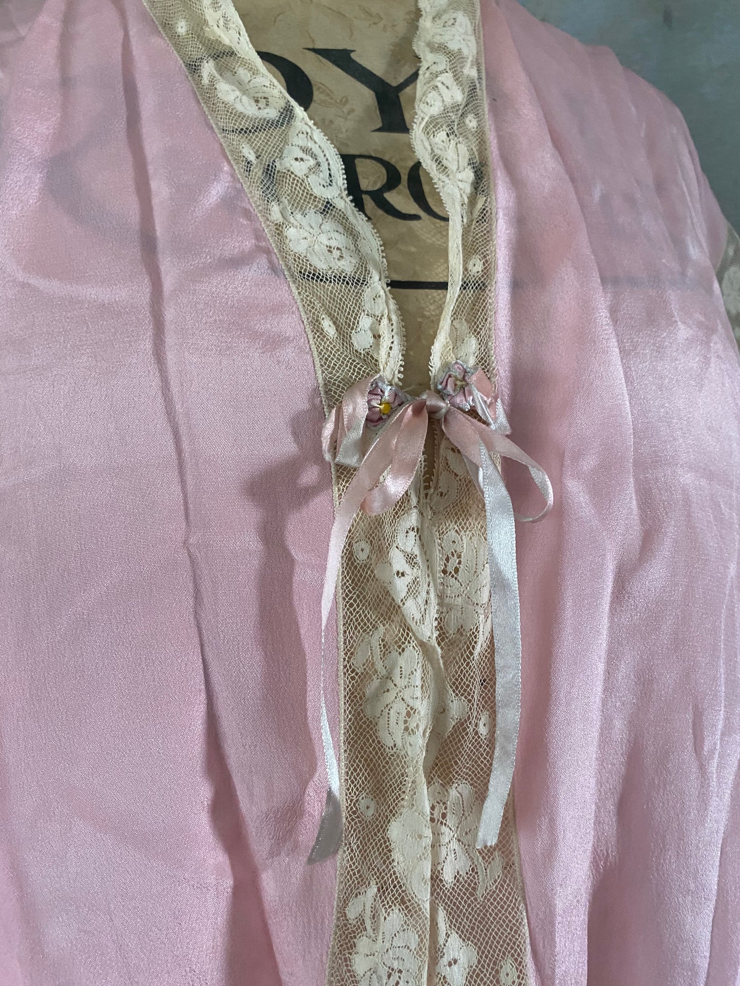 Antique 1920s Pink Silk Ribbonwork Dressing Top