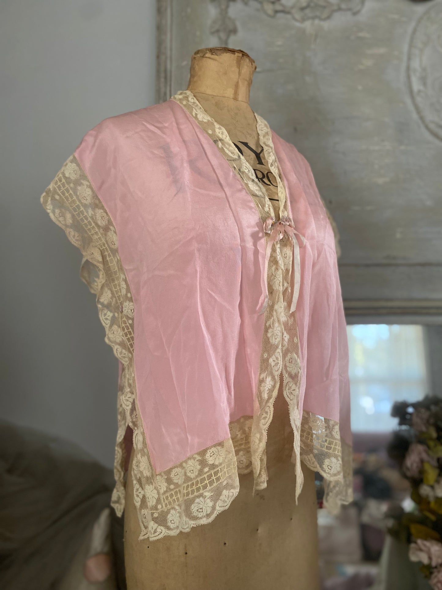 Antique 1920s Pink Silk Ribbonwork Dressing Top