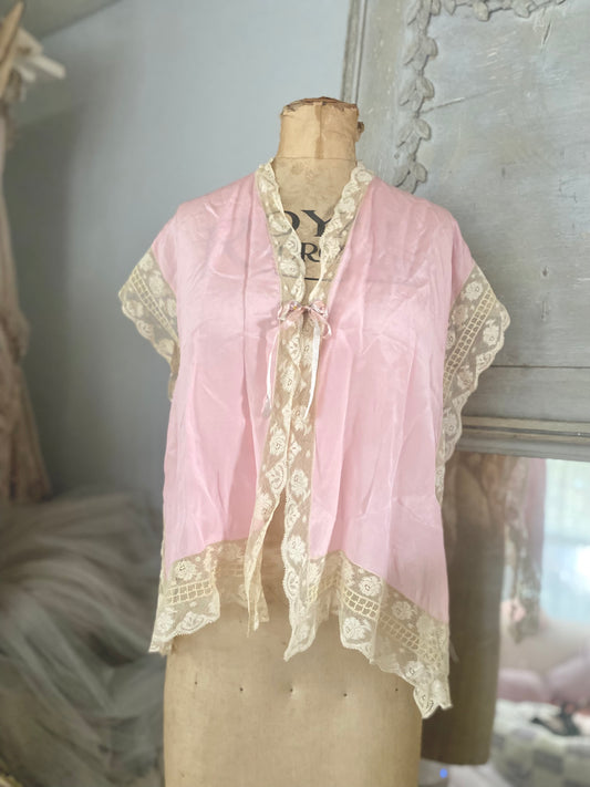 Antique 1920s Pink Silk Ribbonwork Dressing Top