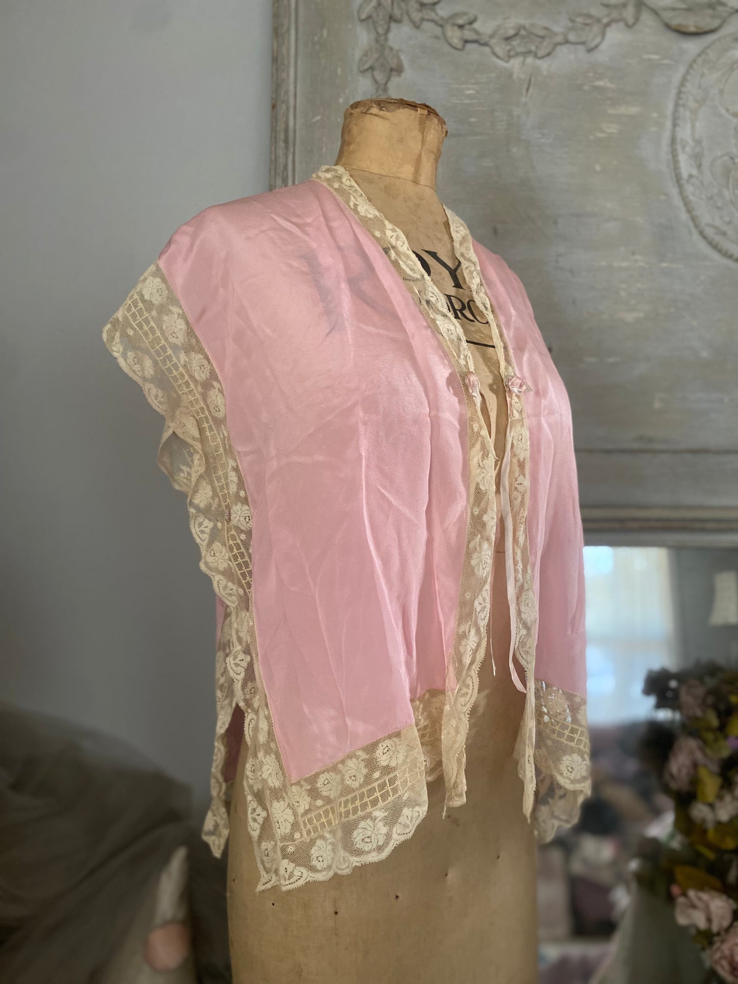 Antique 1920s Pink Silk Ribbonwork Dressing Top