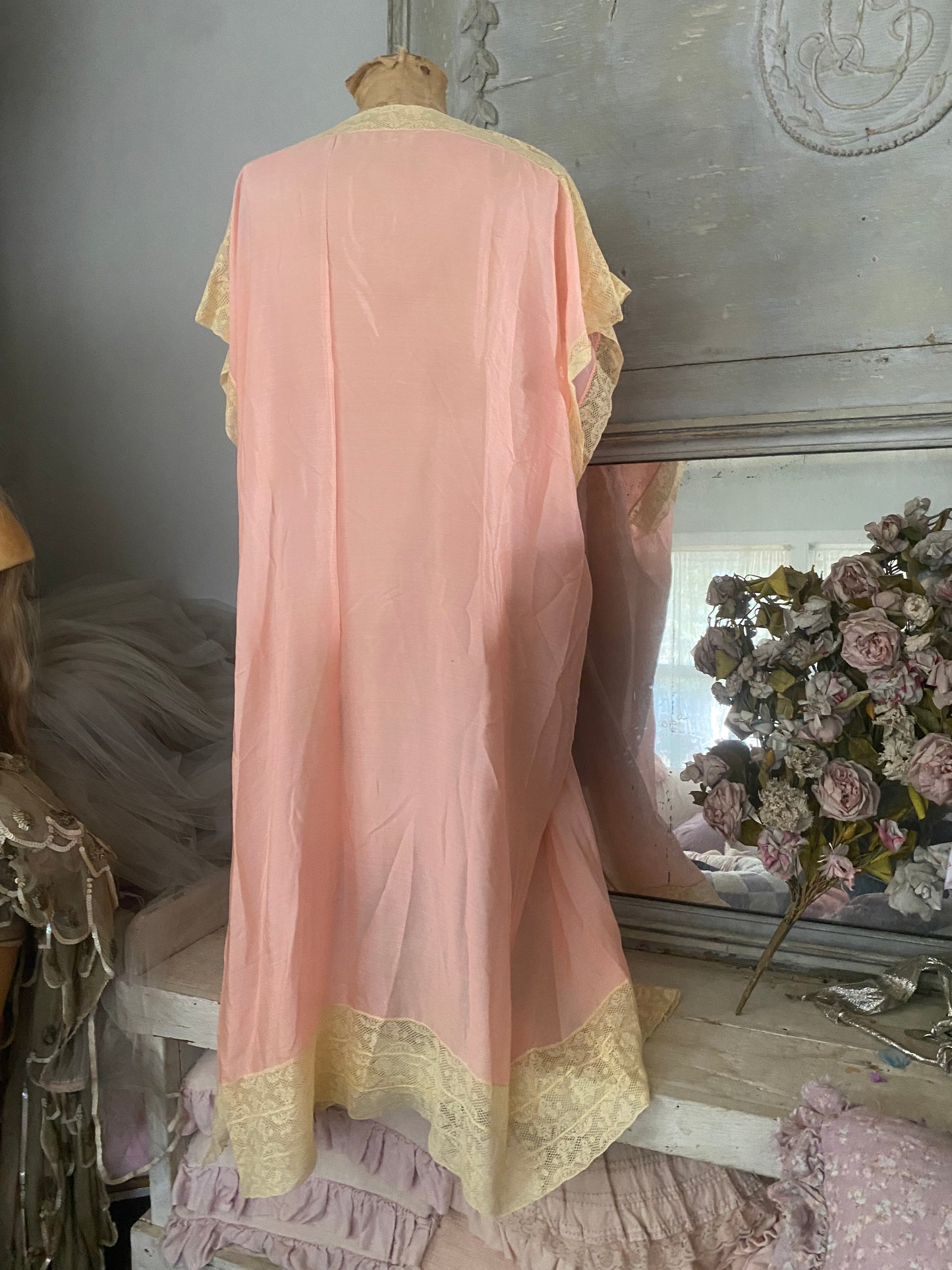 Antique 1920s Pink Silk Ribbonwork Dressing Gown