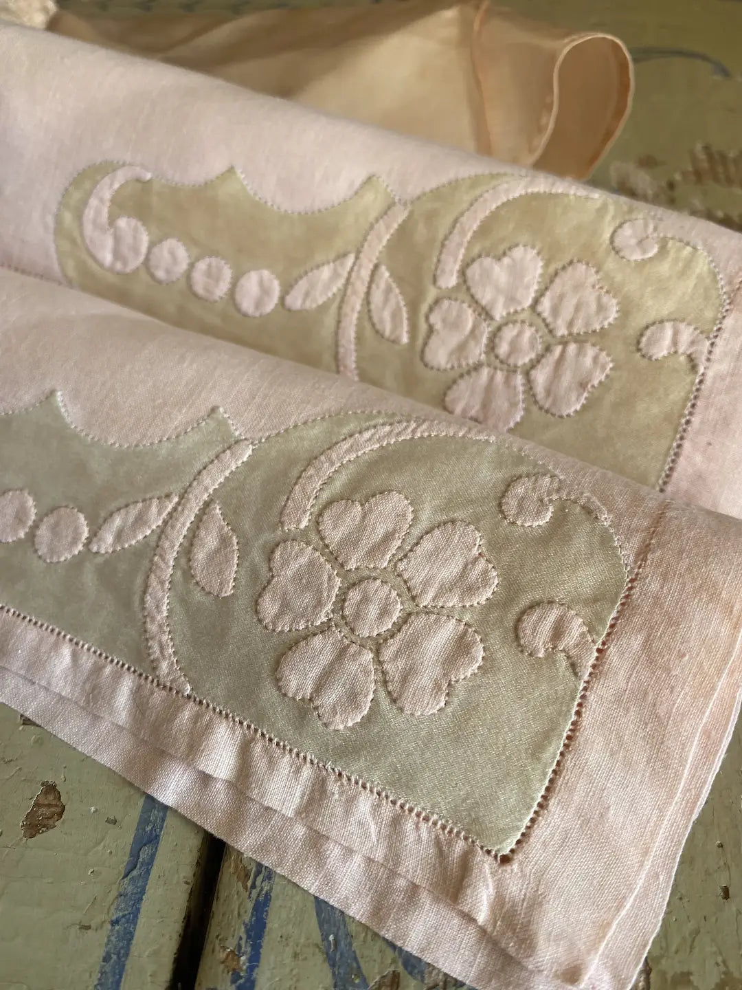 Vintage Cocktail Napkins Small Placements Linen Silk Floral Appliqué Blue Pink