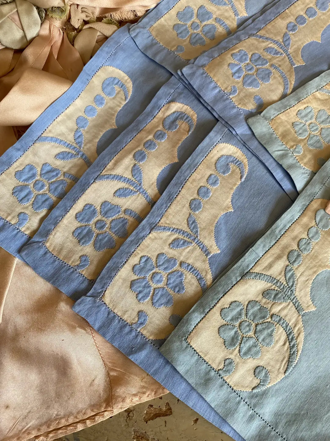 Vintage Cocktail Napkins Small Placements Linen Silk Floral Appliqué Blue Pink