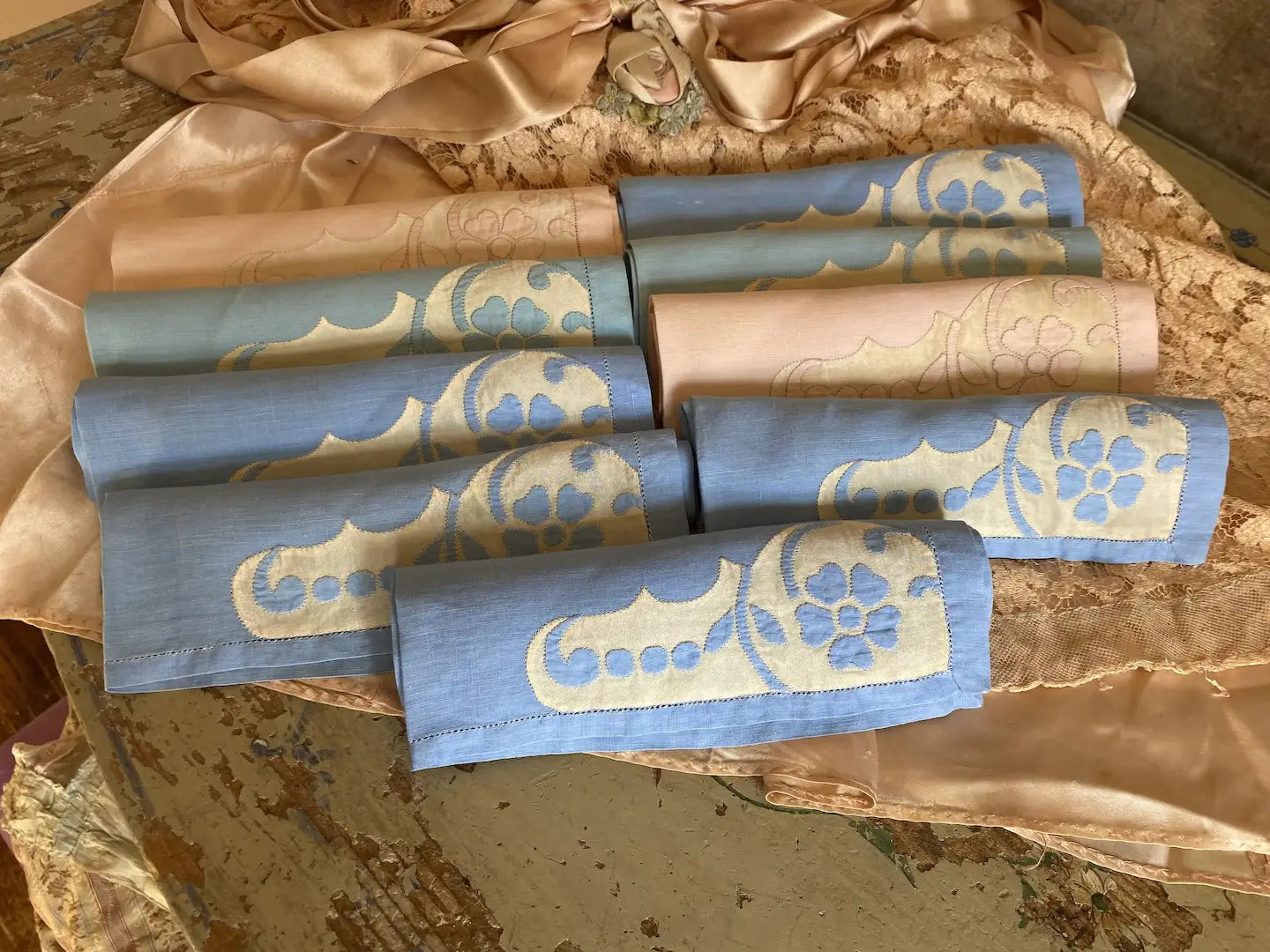 Vintage Cocktail Napkins Small Placements Linen Silk Floral Appliqué Blue Pink