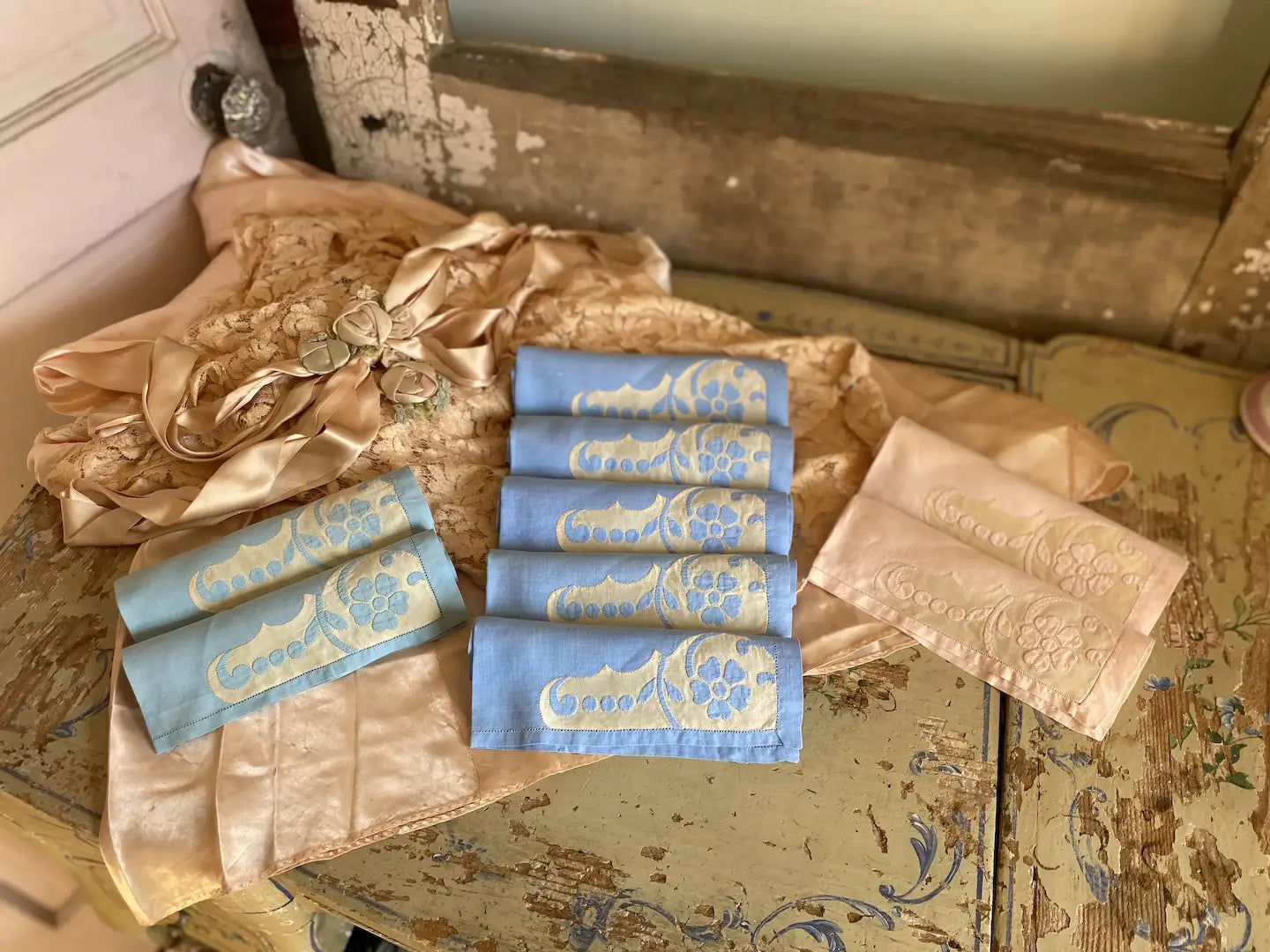 Vintage Cocktail Napkins Small Placements Linen Silk Floral Appliqué Blue Pink