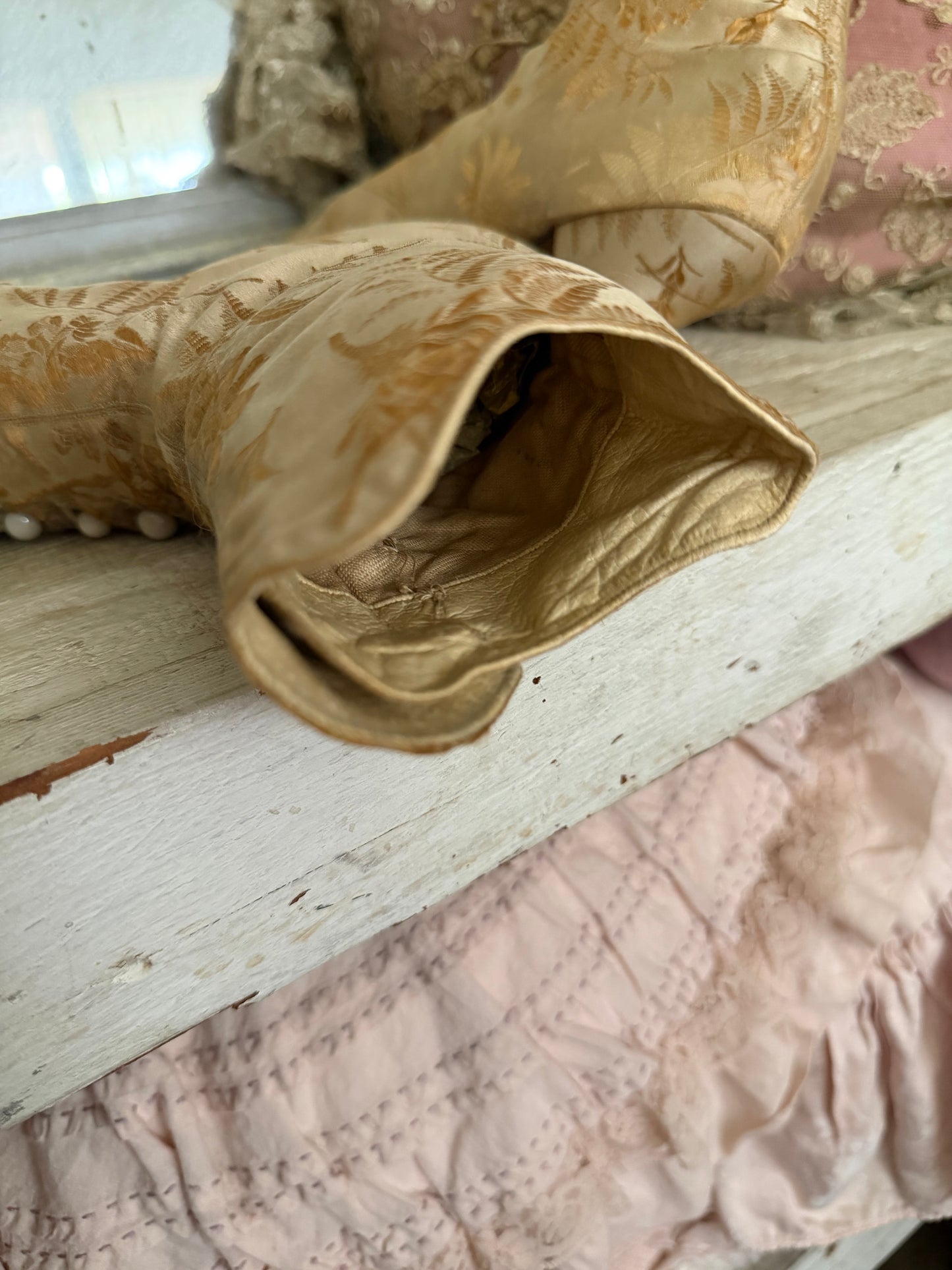 Antique Victorian Gold Silk Boots Shoes
