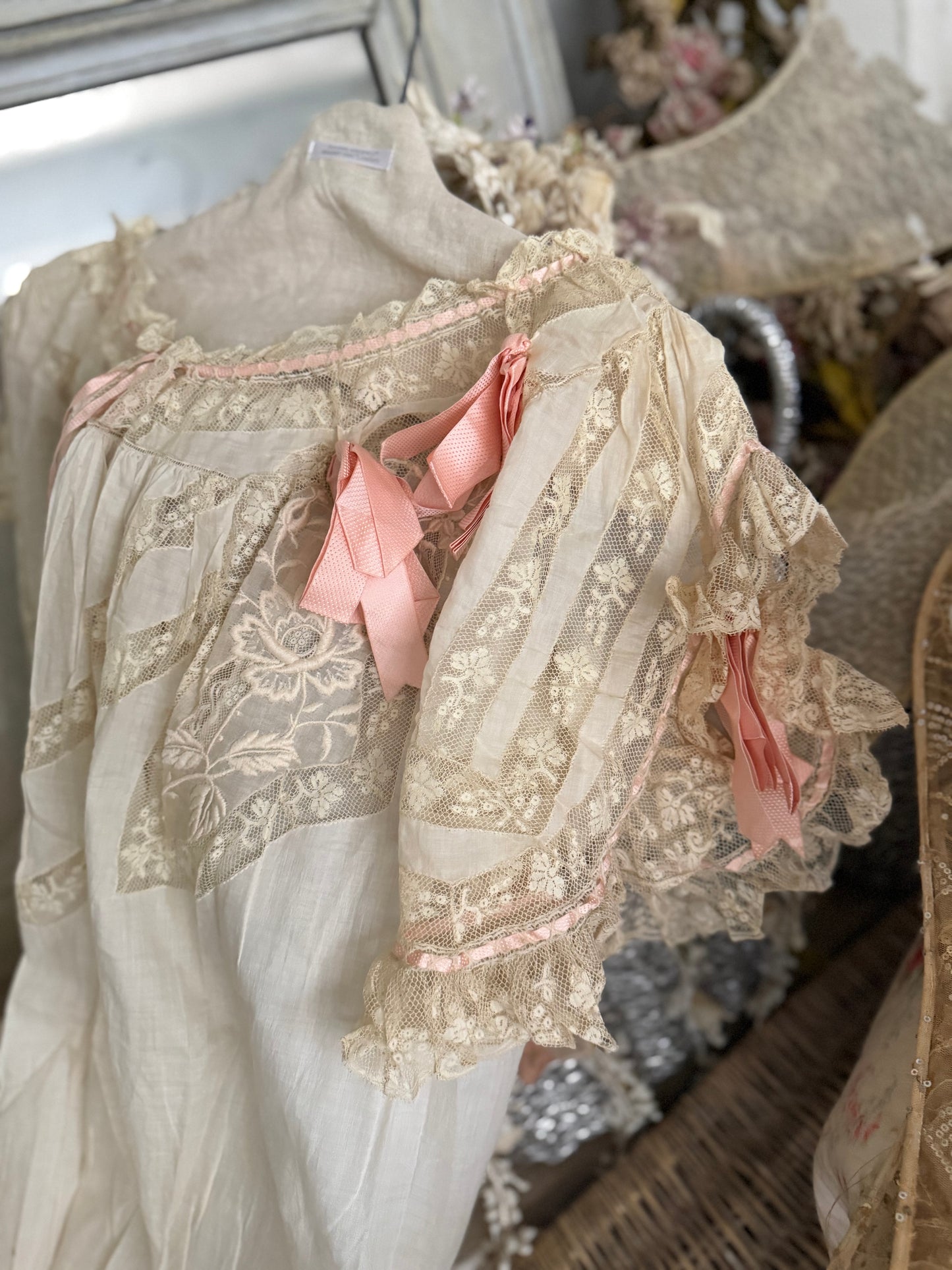 Antique Victorian Floral Lace Nightgown Ribbon Bow