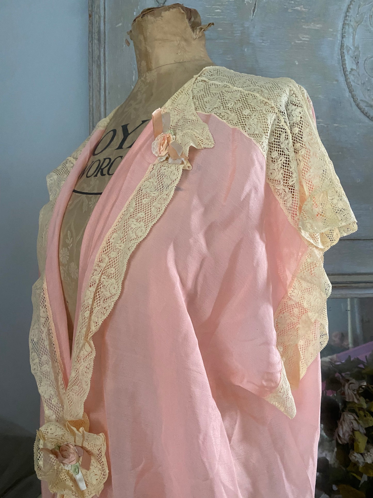 Antique 1920s Pink Silk Ribbonwork Dressing Gown