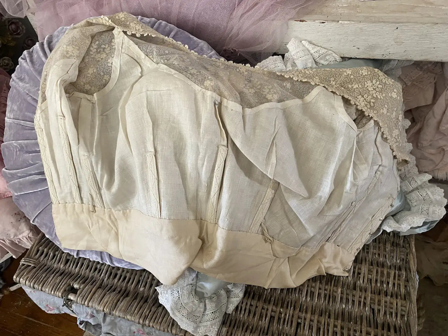 Antique Embroidered Lace Bodice Blue Silk Bows