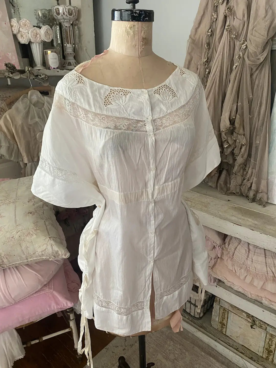 Antique Lingerie Shirt French Lace Corset Tie