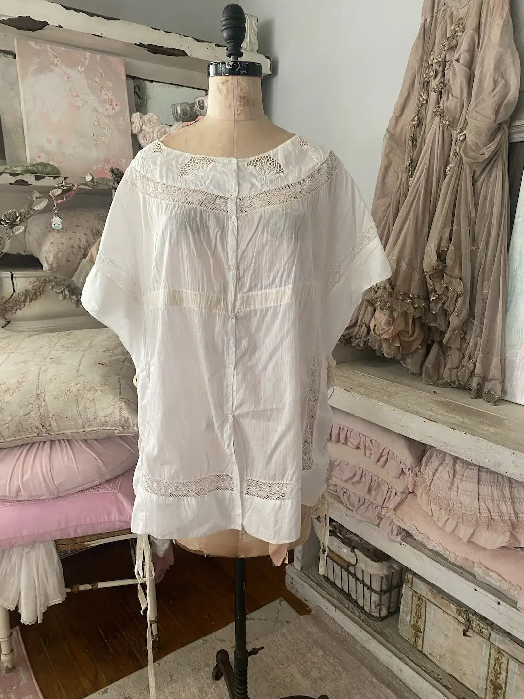Antique Lingerie Shirt French Lace Corset Tie