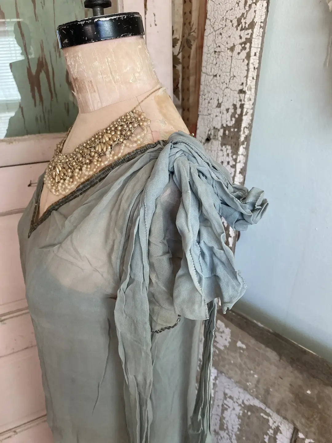 Antique French 1920's Dress Paris Label Blue Silk