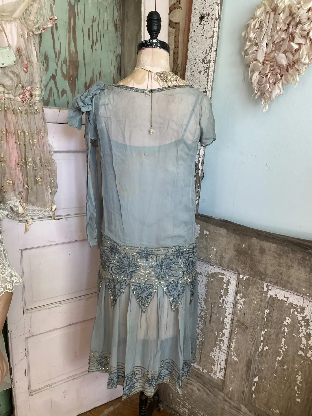 Antique French 1920's Dress Paris Label Blue Silk