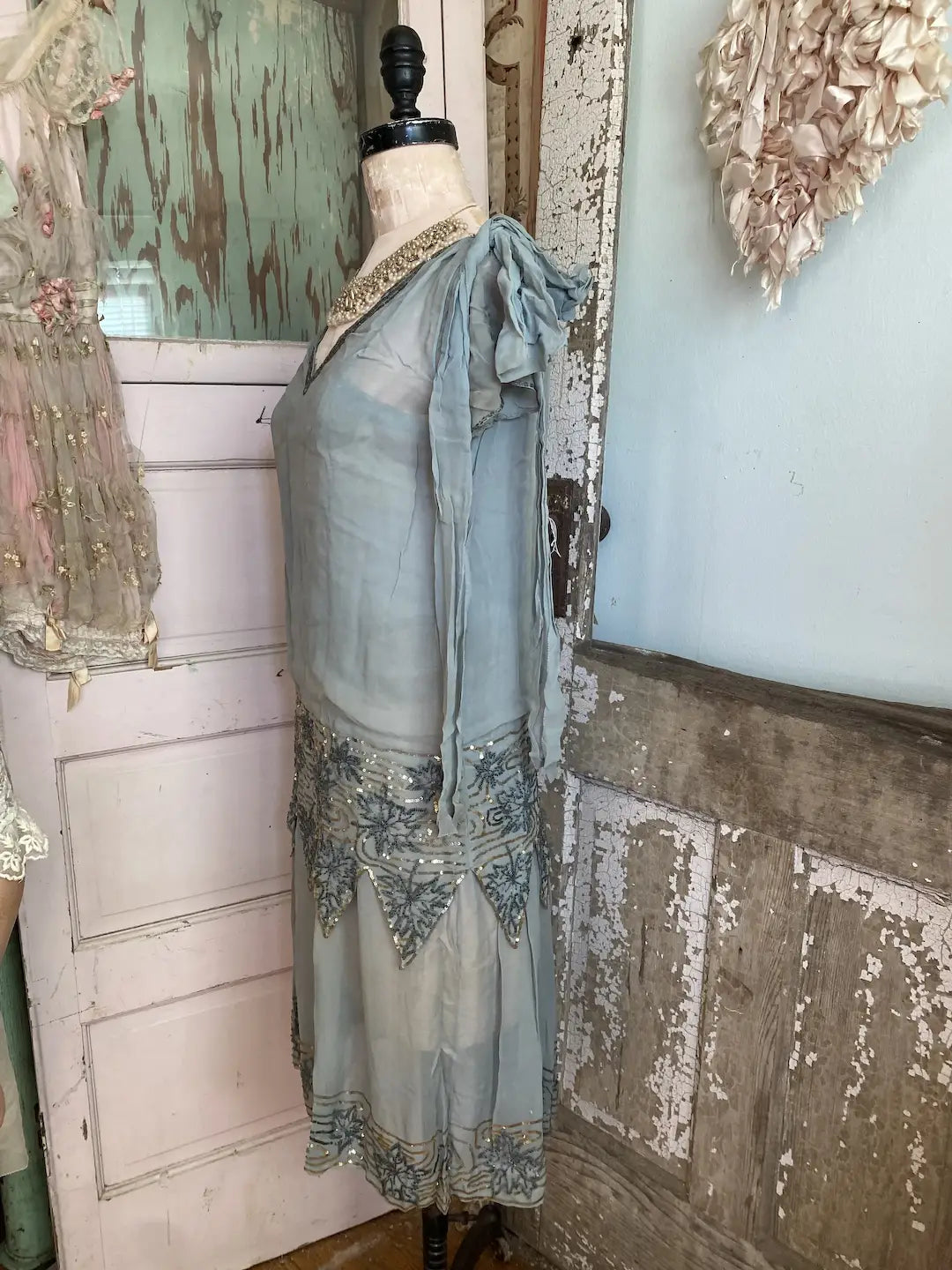 Antique French 1920's Dress Paris Label Blue Silk