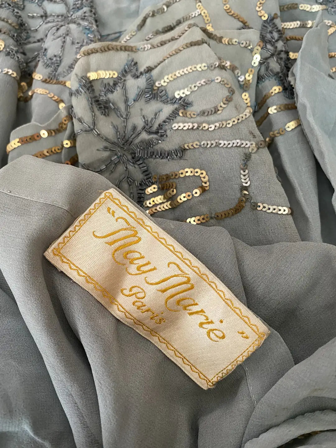 Antique French 1920's Dress Paris Label Blue Silk