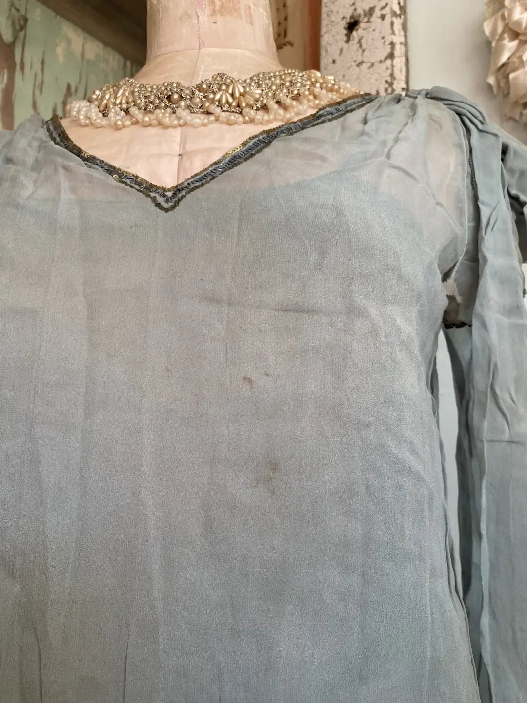 Antique French 1920's Dress Paris Label Blue Silk