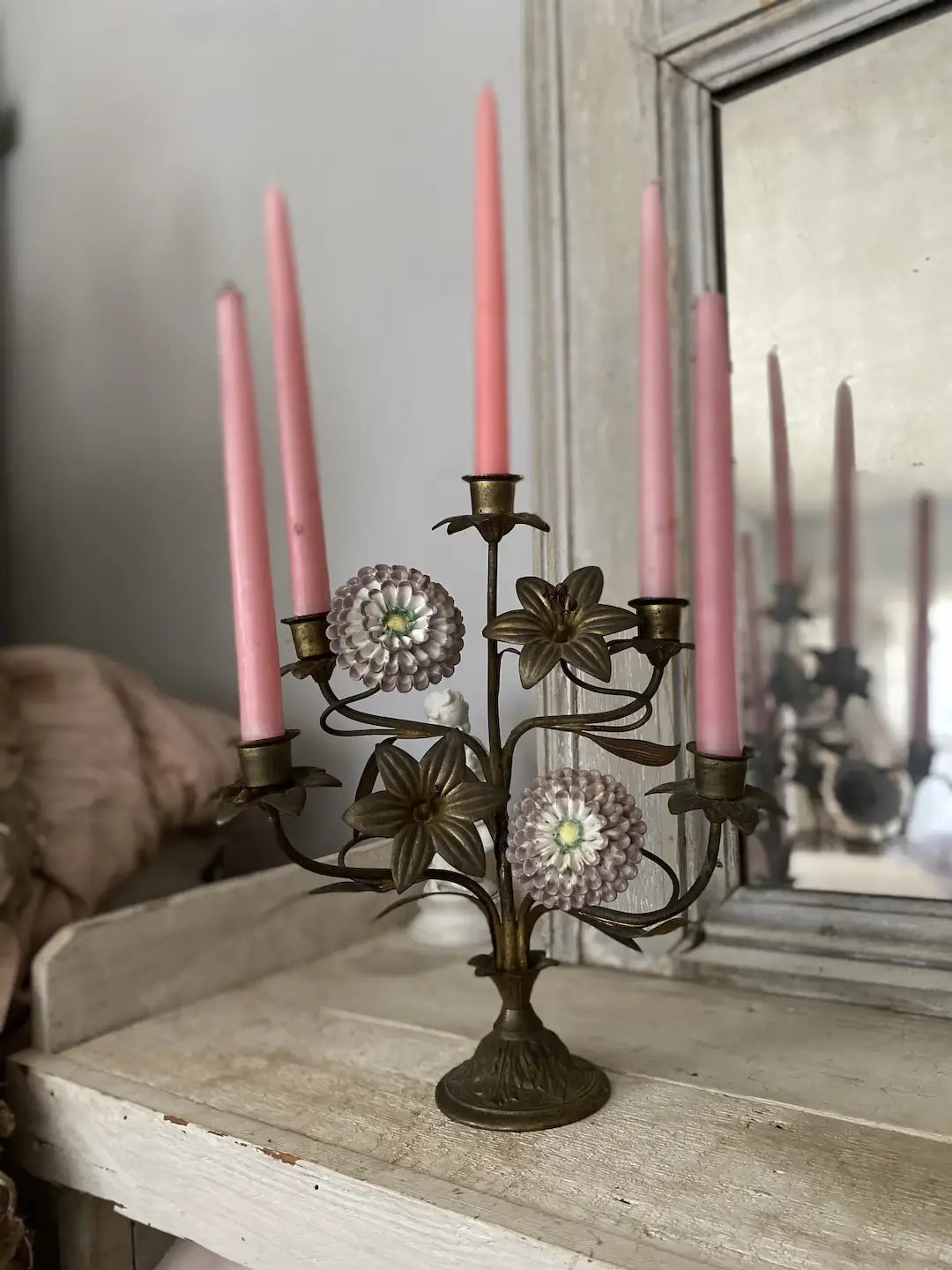 Antique French Altar Candelabra Porcelain Flowers