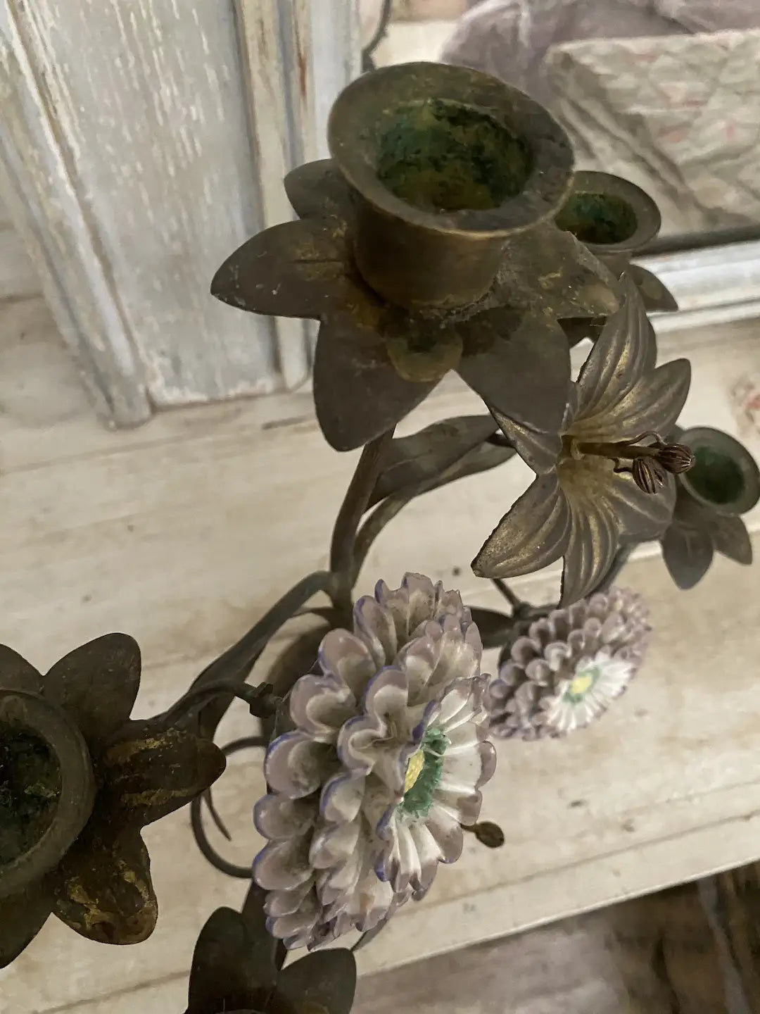 Antique French Altar Candelabra Porcelain Flowers
