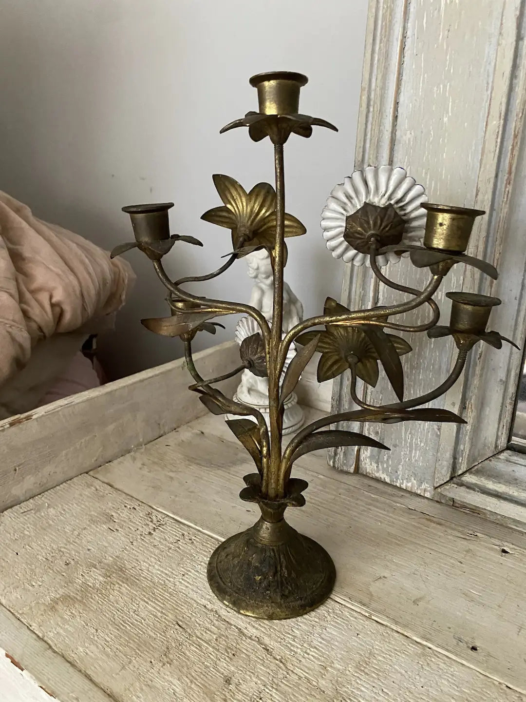 Antique French Altar Candelabra Porcelain Flowers
