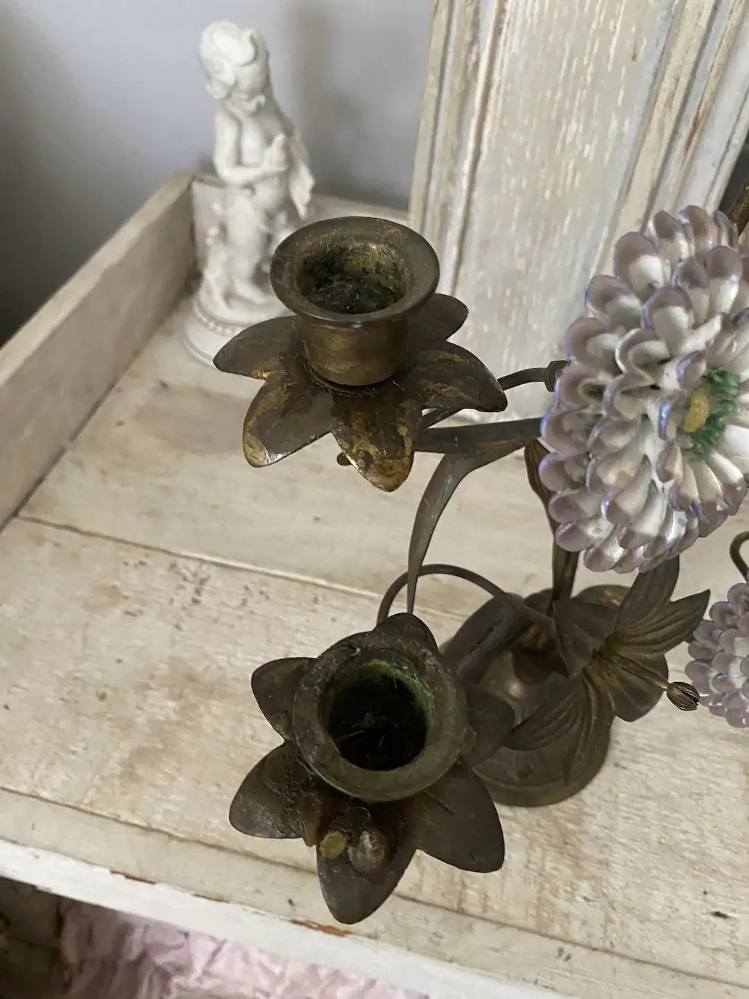 Antique French Altar Candelabra Porcelain Flowers