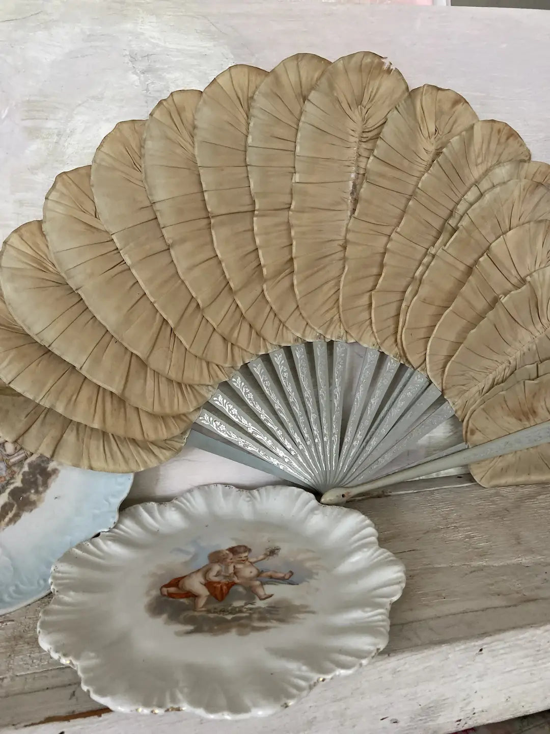 Antique French Deposé Fan Blue Flower Petal