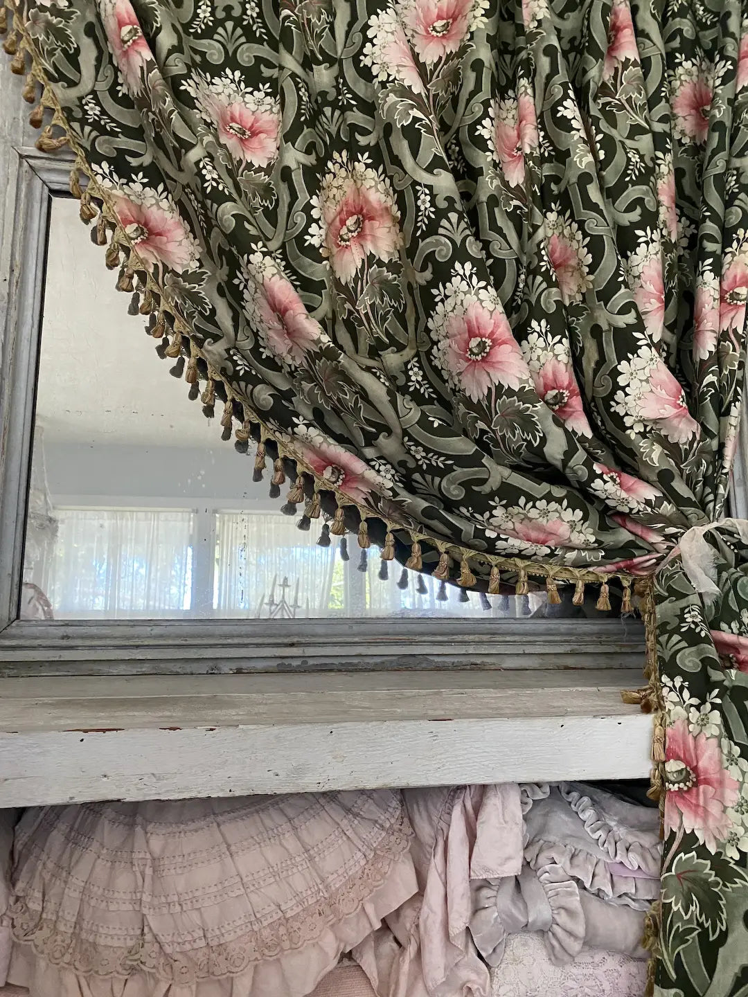 Antique French Fabric Curtain Bed Ciel De Lit Panel Art Nouveau Late 1800s