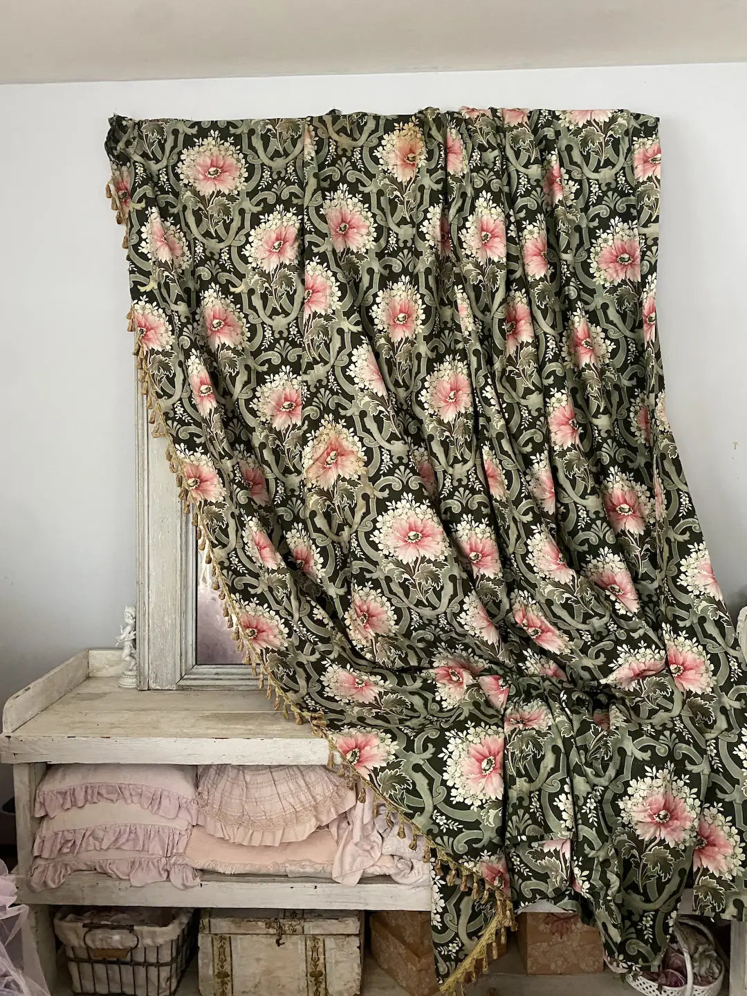 Antique French Fabric Curtain Bed Ciel De Lit Panel Art Nouveau Late 1800s