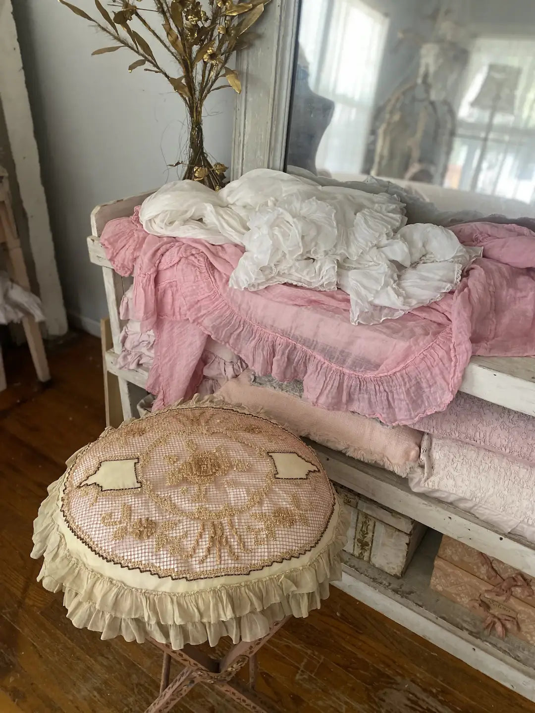 Antique French Lace Double Ruffle Throw Pillow