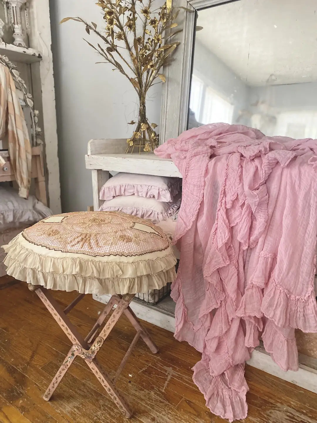 Antique French Lace Double Ruffle Throw Pillow