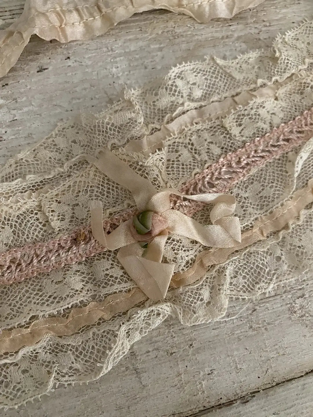 Antique Lace Bandeau Pink Silk Ribbonwork Rosette