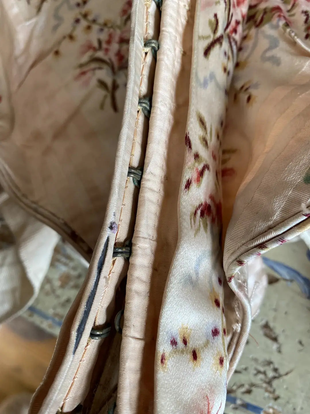 Antique Silk French Bodice Pink Stripe Floral Watered Roses