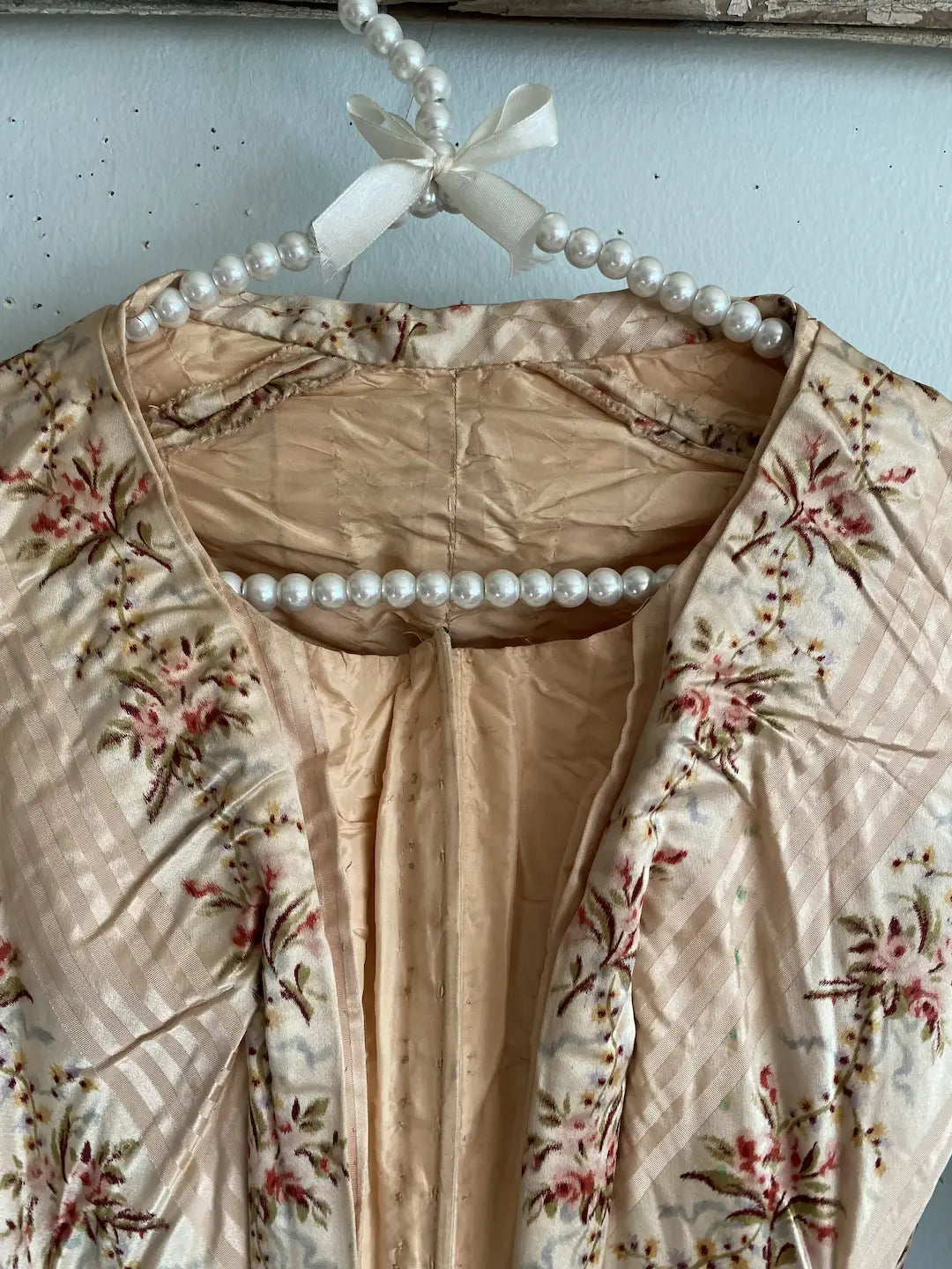 Antique Silk French Bodice Pink Stripe Floral Watered Roses