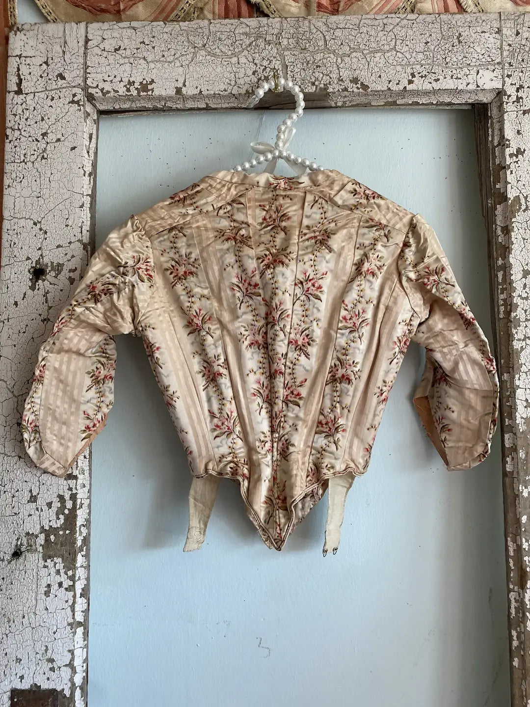 Antique Silk French Bodice Pink Stripe Floral Watered Roses