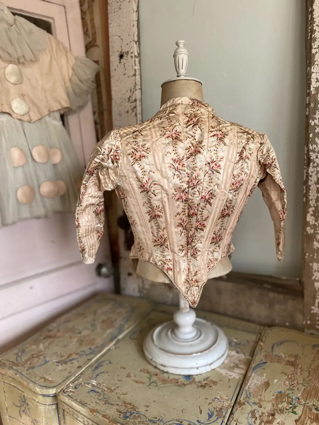 Antique Silk French Bodice Pink Stripe Floral Watered Roses