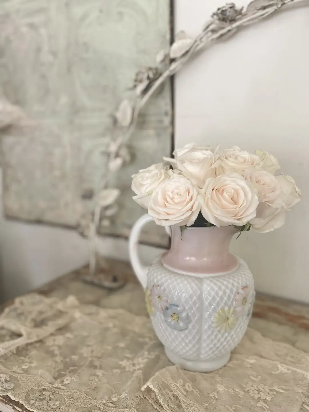 Antique Milkglass Vase Painted Pink Daisies