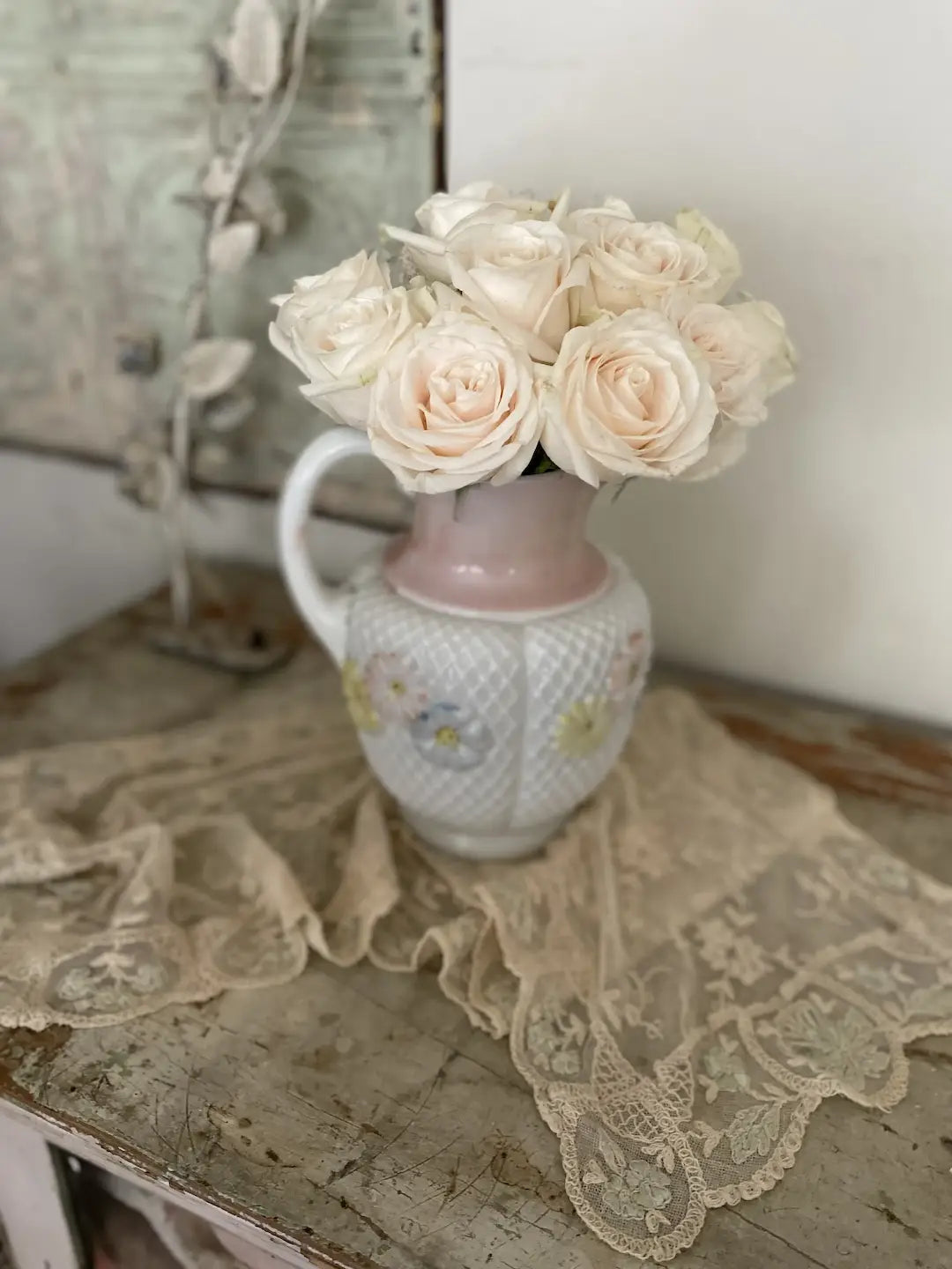 Antique Milkglass Vase Painted Pink Daisies