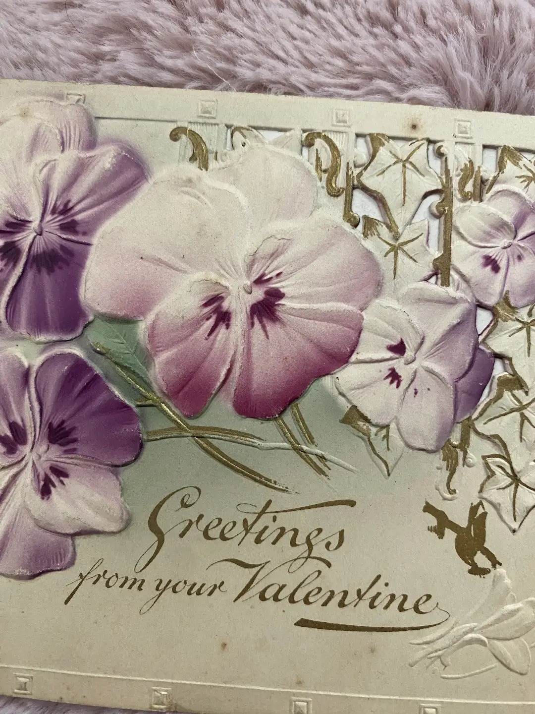 Antique Valentine Greeting Card Booklet Purple Pansies
