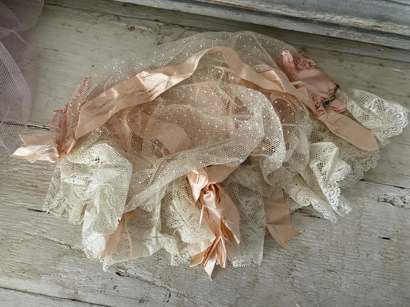 Antique Crown Night Cap Lace Pink Silk Ribbonwork