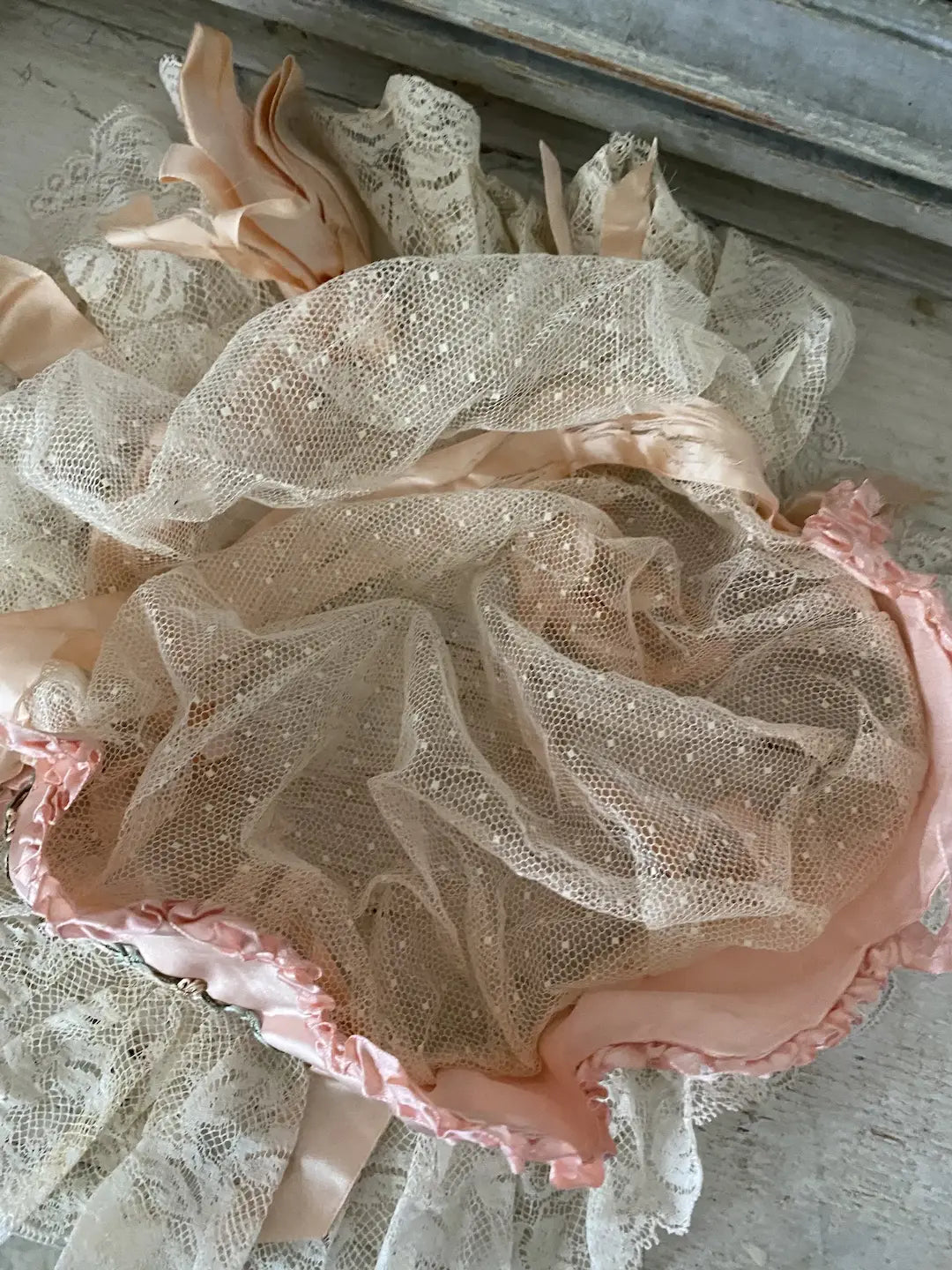 Antique Crown Night Cap Lace Pink Silk Ribbonwork