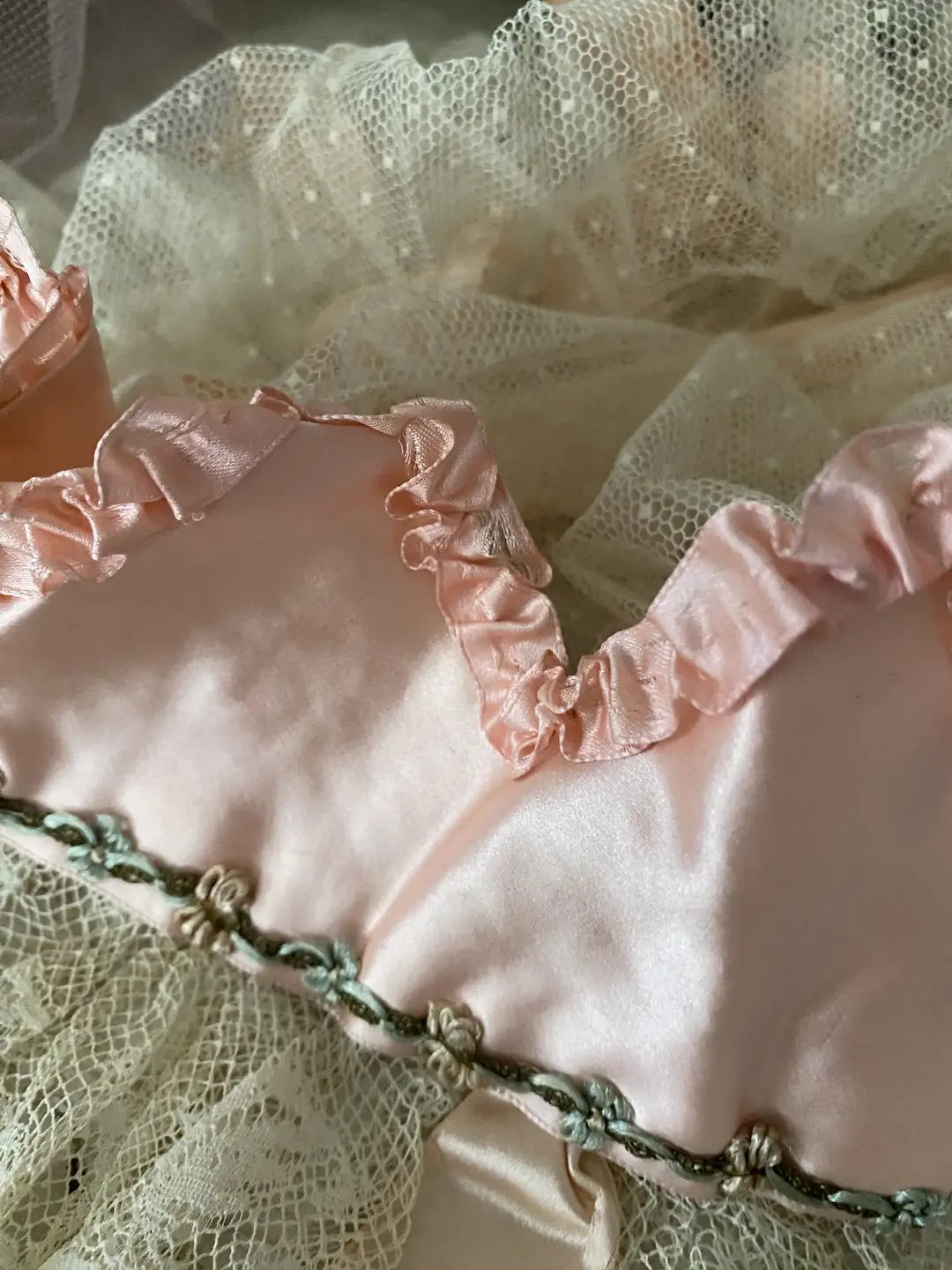Antique Crown Night Cap Lace Pink Silk Ribbonwork