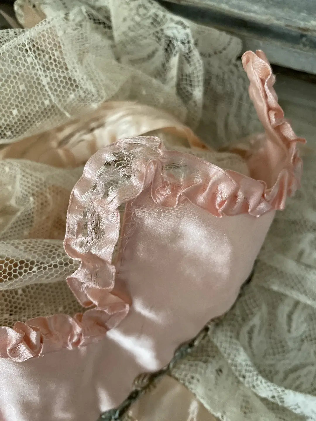 Antique Crown Night Cap Lace Pink Silk Ribbonwork