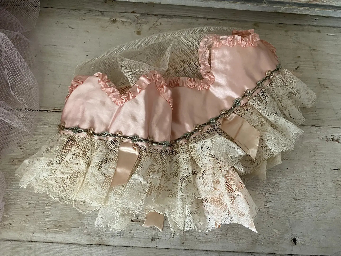 Antique Crown Night Cap Lace Pink Silk Ribbonwork