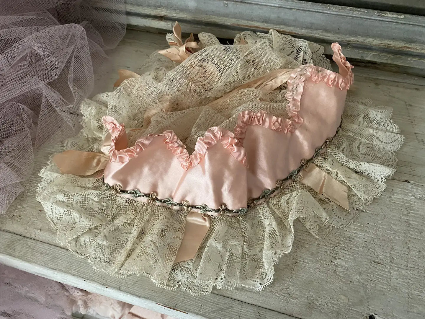 Antique Crown Night Cap Lace Pink Silk Ribbonwork