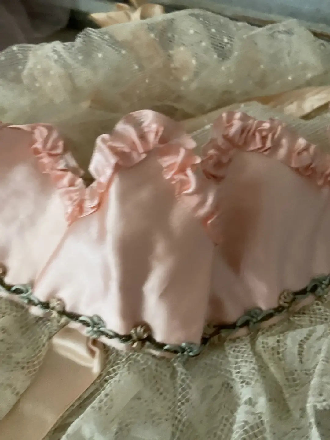 Antique Crown Night Cap Lace Pink Silk Ribbonwork
