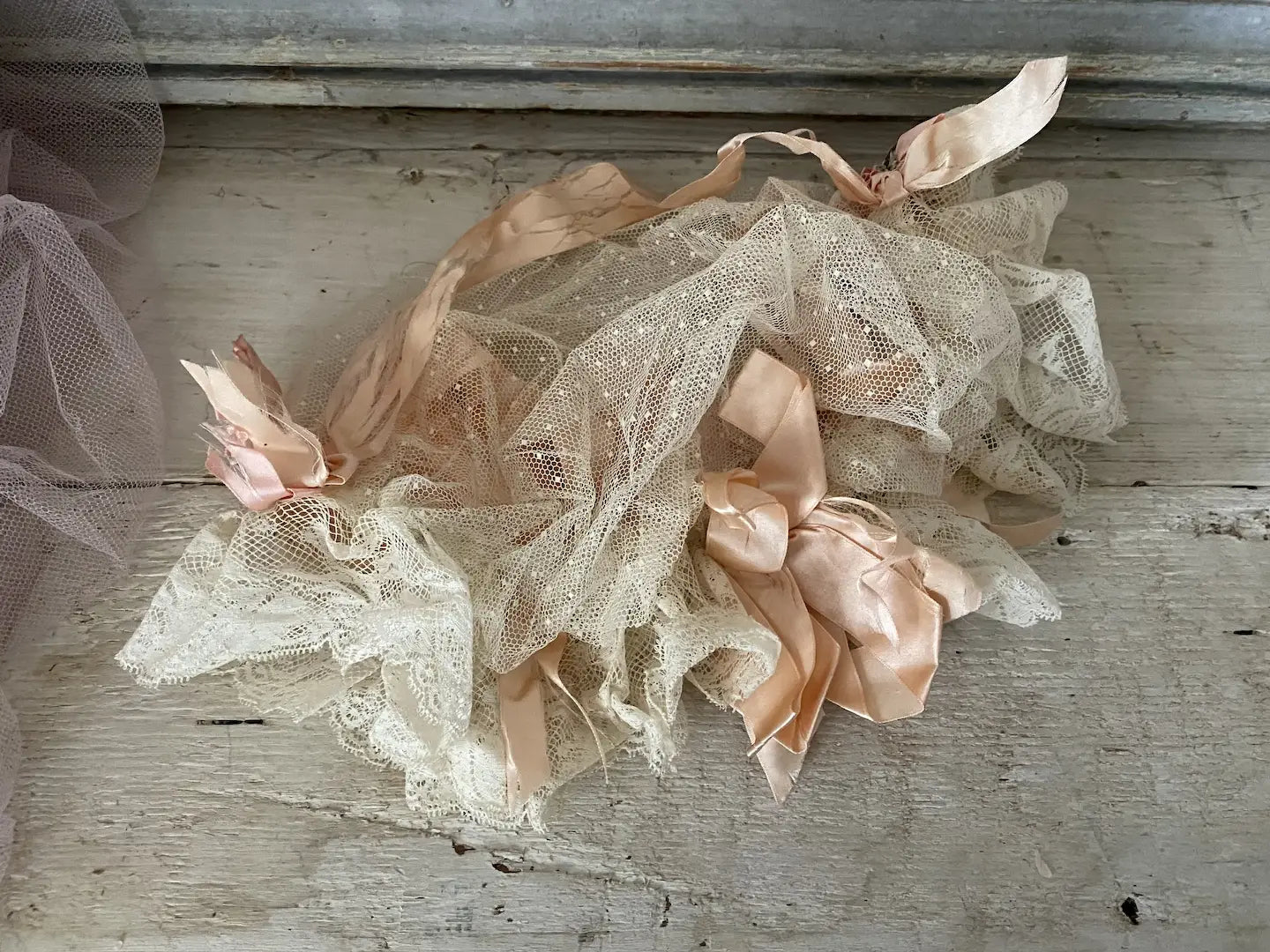Antique Crown Night Cap Lace Pink Silk Ribbonwork