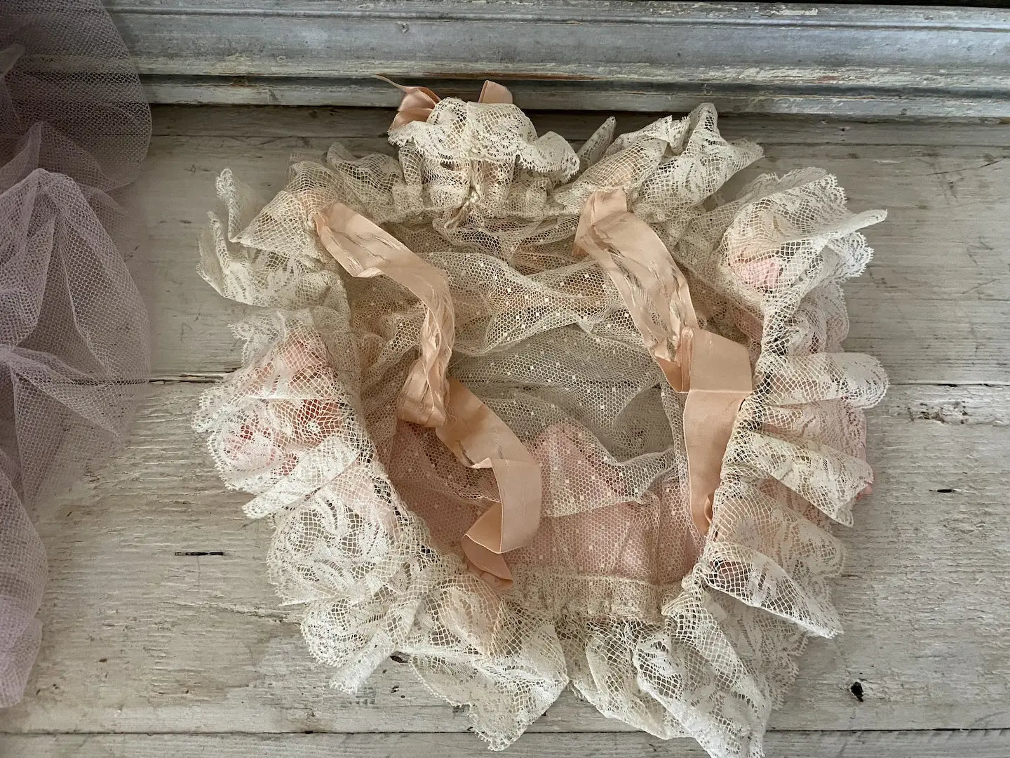 Antique Crown Night Cap Lace Pink Silk Ribbonwork